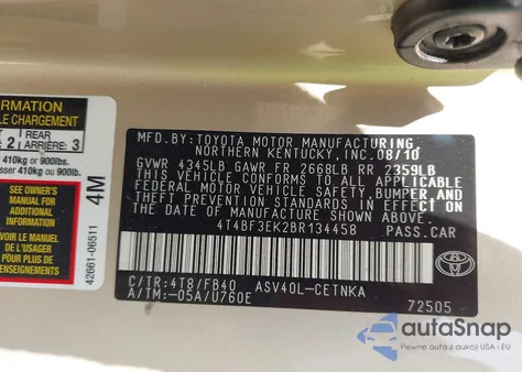 2011 Toyota Camry Le from USA, damaged, VIN 4T4BF3EK2BR134458